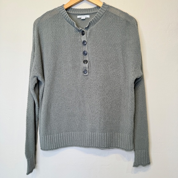 AE | Open Knit Henley Olive Green VSCO Cozy Pullover Sweater - Picture 2 of 14